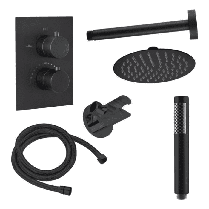Saar Regendouche Set Inbouwmodel Plafond 20cm Rond Zwart met Thermosstaatkraan en handdouche